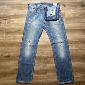 Diesel Timmen Jeans Men 32x32 Blue Straight Leg Medium Wash Faded Thrashed 008U9